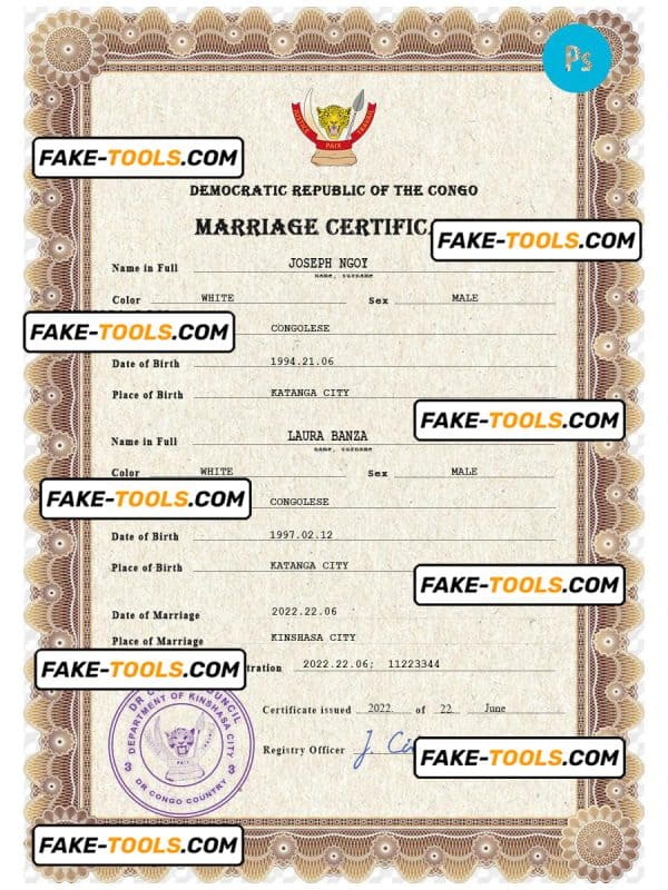 Congo Democratic Republic marriage certificate PSD template, fully editable