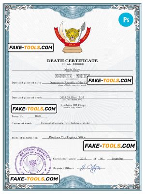 Congo (Democratic Republic of the Congo) vital record death certificate PSD template, completely editable