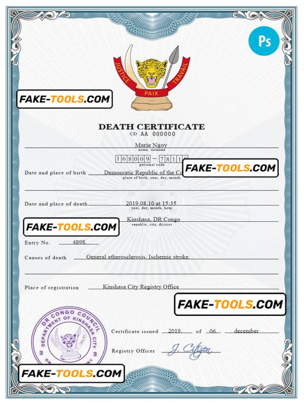 Congo (Democratic Republic of the Congo) vital record death certificate PSD template, completely editable
