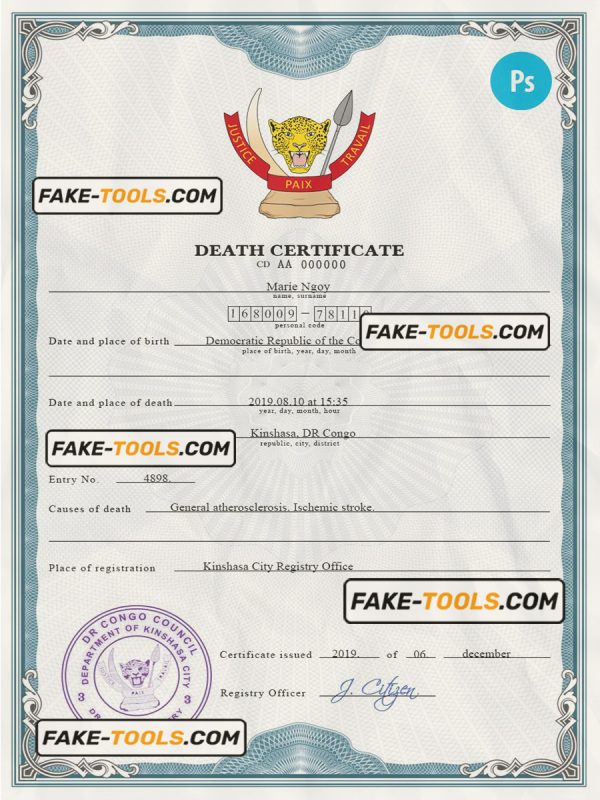 Congo (Democratic Republic of the Congo) vital record death certificate PSD template, completely editable