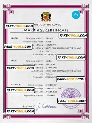 Congo, Republic of the marriage certificate PSD template, completely editable