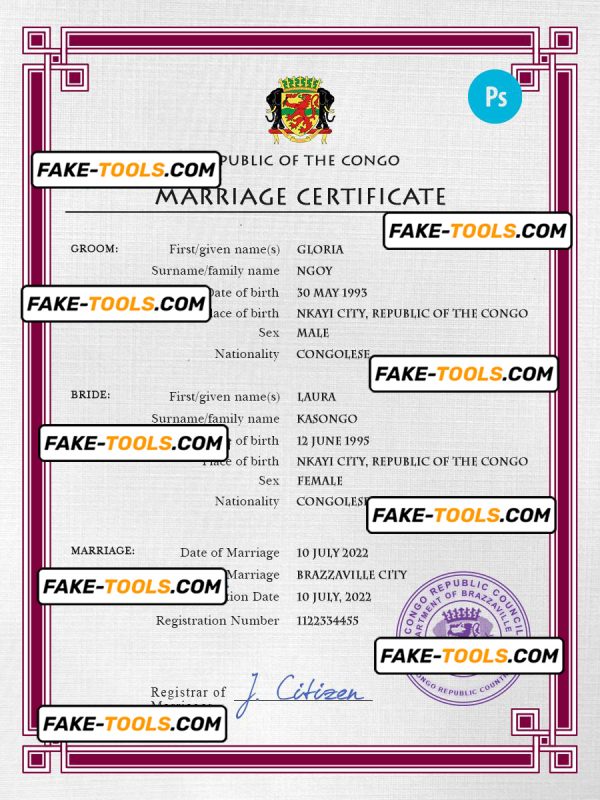 Congo, Republic of the marriage certificate PSD template, completely editable