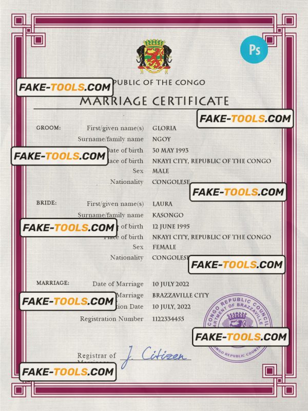 Congo, Republic of the marriage certificate PSD template, completely editable