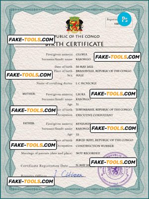 Congo (Republic of the) vital record birth certificate PSD template, completely editable
