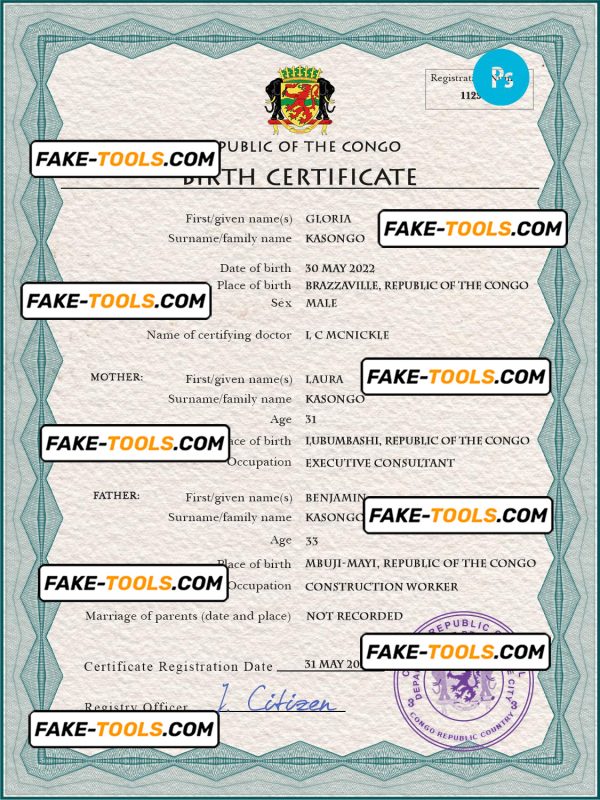 Congo (Republic of the) vital record birth certificate PSD template, completely editable