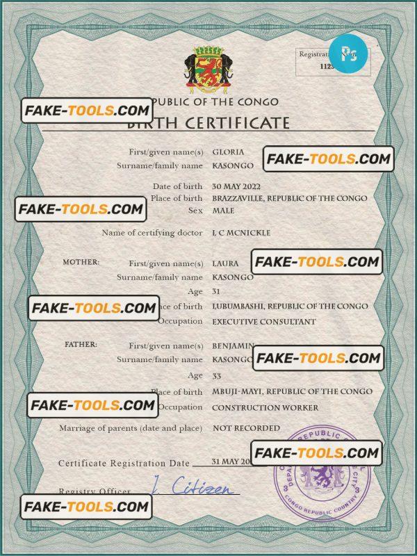 Congo (Republic of the) vital record birth certificate PSD template, completely editable
