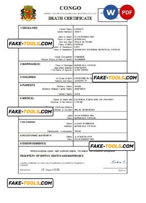 Congo death certificate Word and PDF template, completely editable