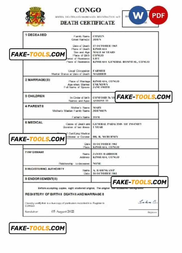 Congo death certificate Word and PDF template, completely editable