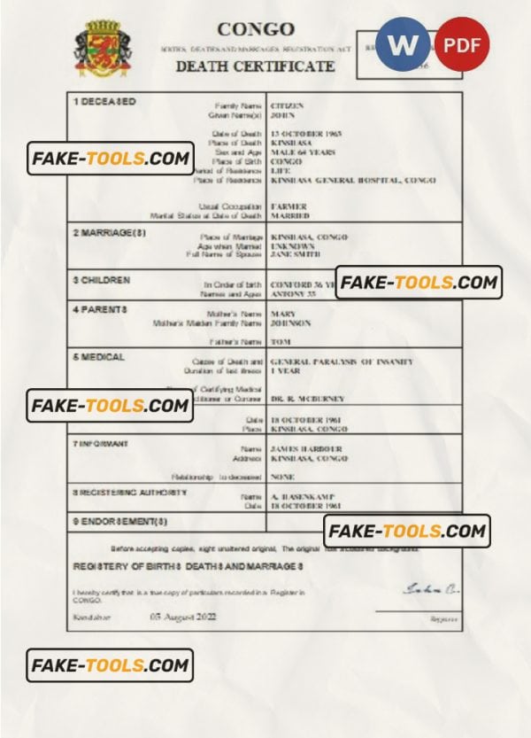 Congo death certificate Word and PDF template, completely editable