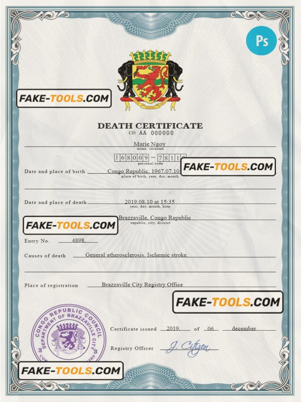 Congo vital record death certificate PSD template