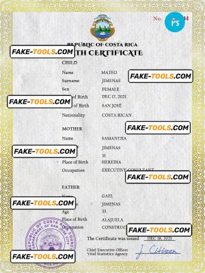 Costa Rica birth certificate PSD template, completely editable