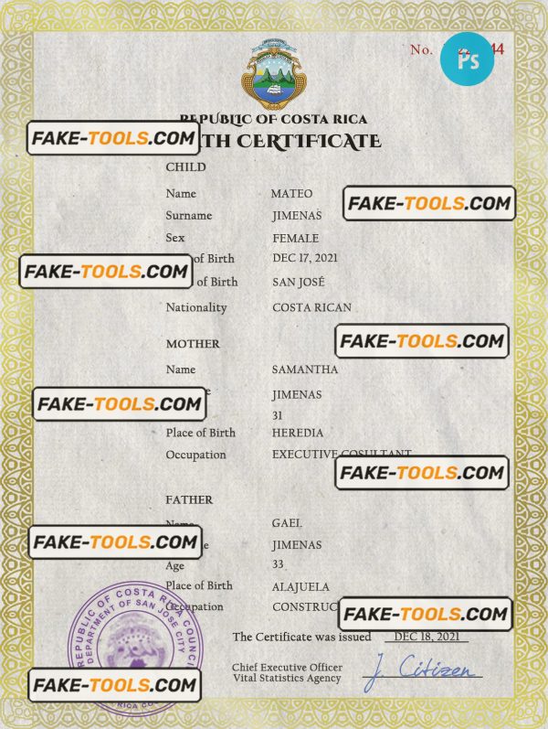 Costa Rica birth certificate PSD template, completely editable