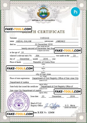 Costa Rica death certificate PSD template, completely editable