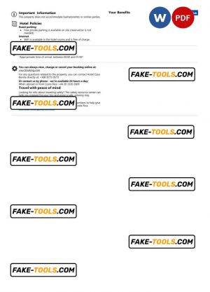 Costa Rica hotel booking confirmation Word and PDF template, 2 pages