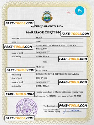Costa Rica marriage certificate PSD template, fully editable