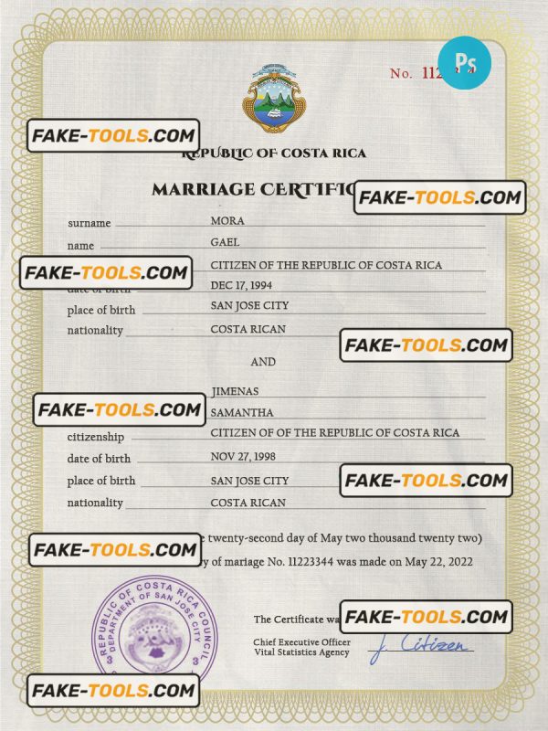 Costa Rica marriage certificate PSD template, fully editable