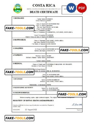 Costa Rica vital record death certificate Word and PDF template