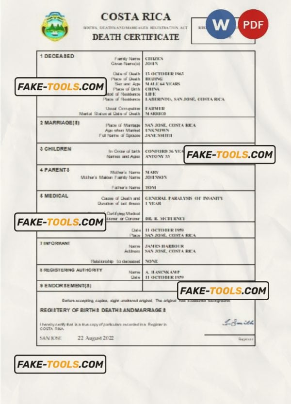 Costa Rica vital record death certificate Word and PDF template
