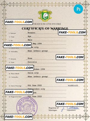 Côte d’Ivoire marriage certificate PSD template, completely editable