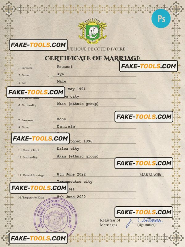 Côte d’Ivoire marriage certificate PSD template, completely editable