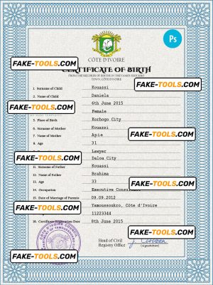 Côte d’Ivoire vital record birth certificate PSD template, fully editable