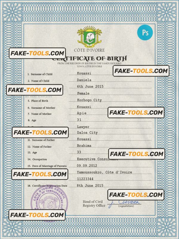 Côte d’Ivoire vital record birth certificate PSD template, fully editable