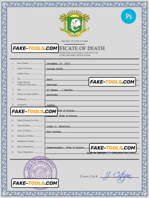 Côte d’Ivoire vital record death certificate PSD template, fully editable