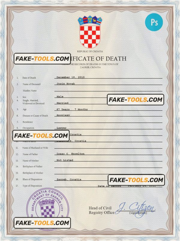 Croatia death certificate PSD template, completely editable