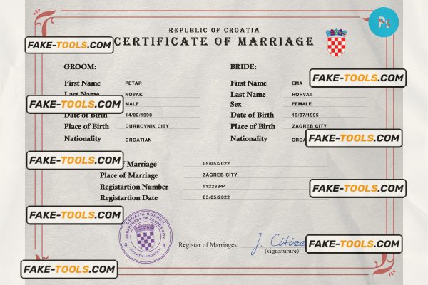 Croatia marriage certificate PSD template, fully editable