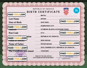 Croatia vital record birth certificate PSD template