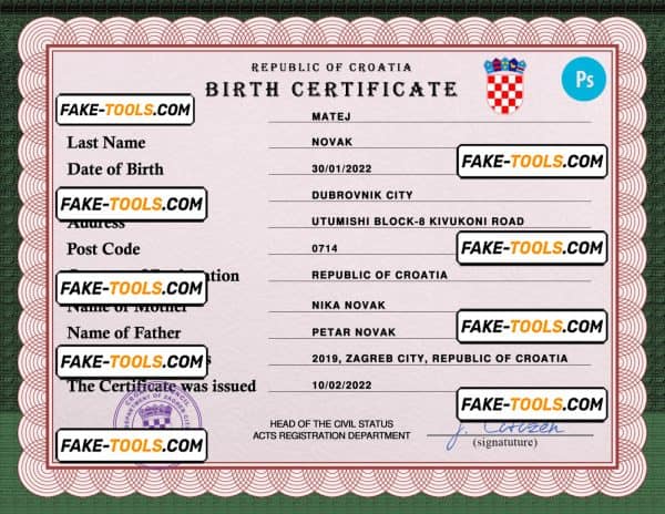 Croatia vital record birth certificate PSD template