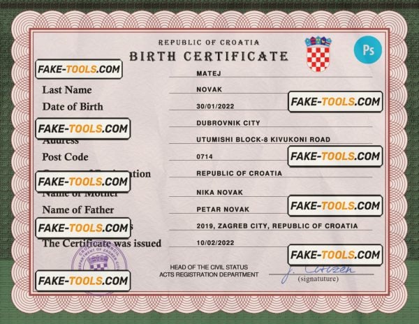 Croatia vital record birth certificate PSD template