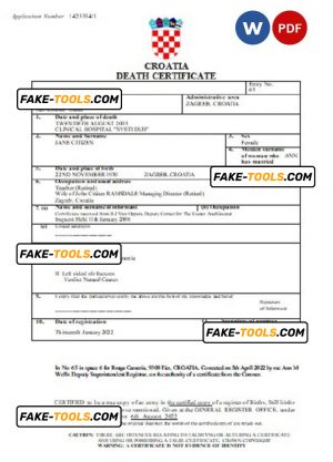 Croatia vital record death certificate Word and PDF template