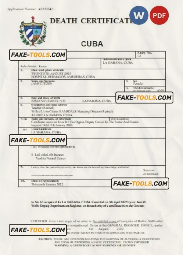 Cuba death certificate Word and PDF template, completely editable