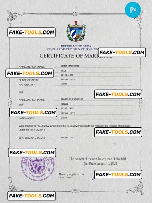 Cuba marriage certificate PSD template, completely editable