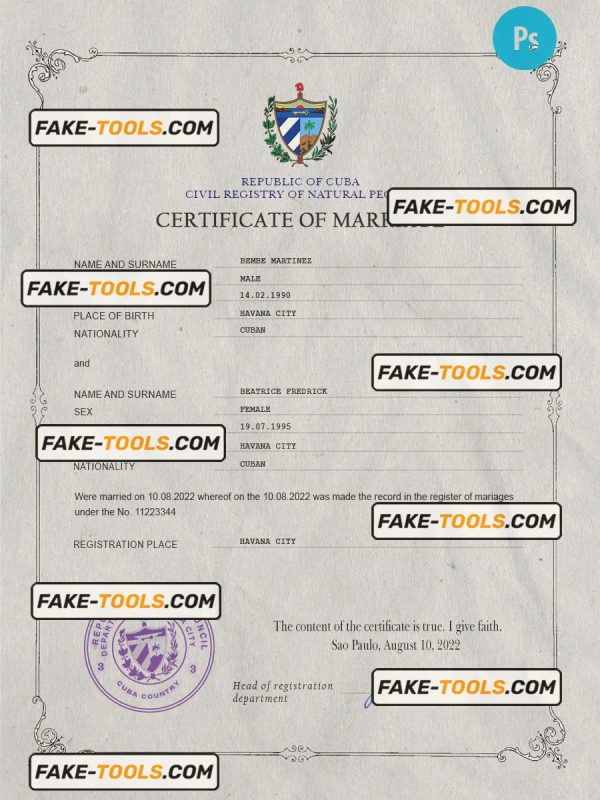 Cuba marriage certificate PSD template, completely editable