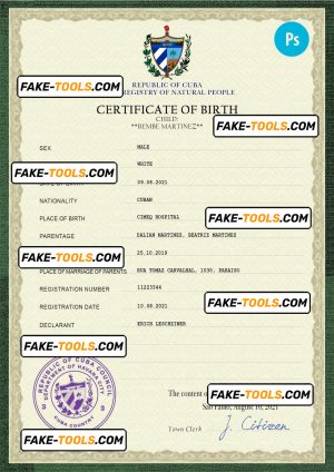 Cuba vital record birth certificate PSD template, completely editable
