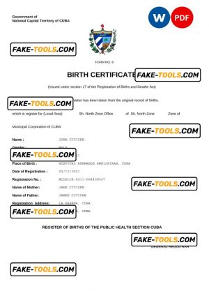 Cuba vital record birth certificate Word and PDF template, completely editable