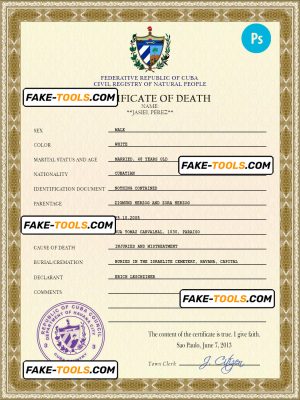 Cuba vital record death certificate PSD template, completely editable