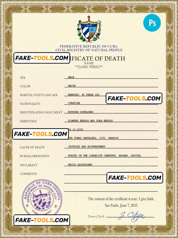 Cuba vital record death certificate PSD template, completely editable