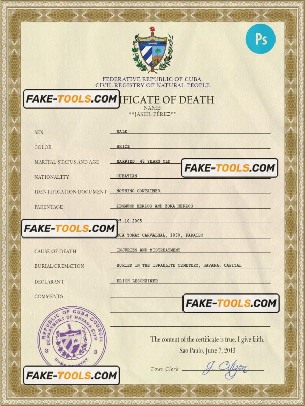 Cuba vital record death certificate PSD template, completely editable