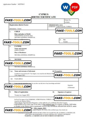 Cyprus birth certificate Word and PDF template, completely editable