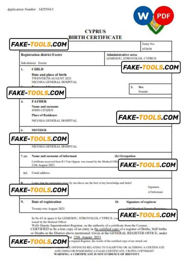 Cyprus birth certificate Word and PDF template, completely editable