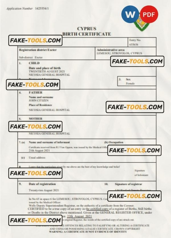 Cyprus birth certificate Word and PDF template, completely editable