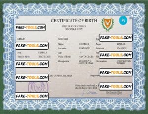 Cyprus vital record birth certificate PSD template