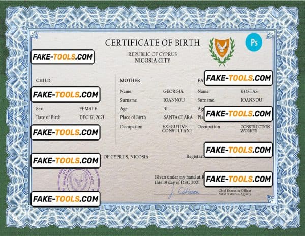 Cyprus vital record birth certificate PSD template