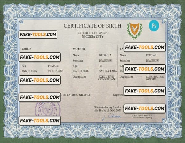 Cyprus vital record birth certificate PSD template