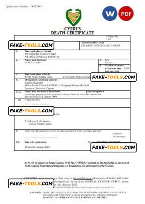 Cyprus vital record death certificate Word and PDF template
