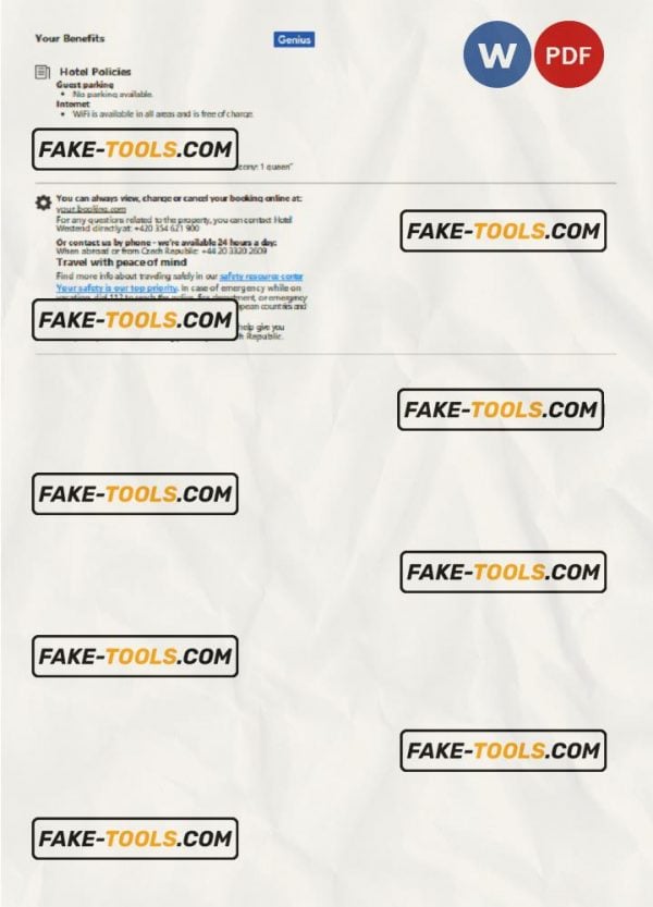 Czech Republic hotel booking confirmation Word and PDF template, 2 pages