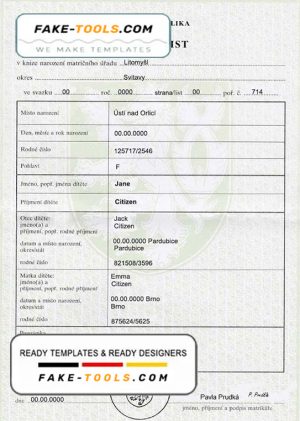 Czech birth certificate fully editable template in PSD format